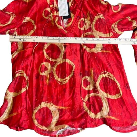 NWT APNY Apparel Women's Blouse Red with Gold Circles Bell Sleeve Tie Front S - Picture 7 of 10